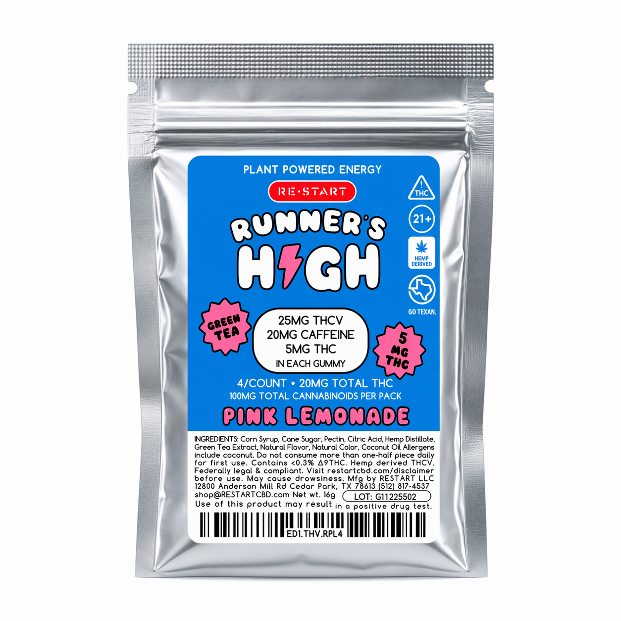 Runner's High Energy Gummies THCV + THC + Green Tea (Pink Lemonade) / 4-ct